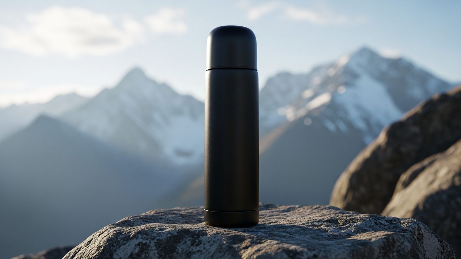 Termo negro de acero con montañas nevadas de fondo