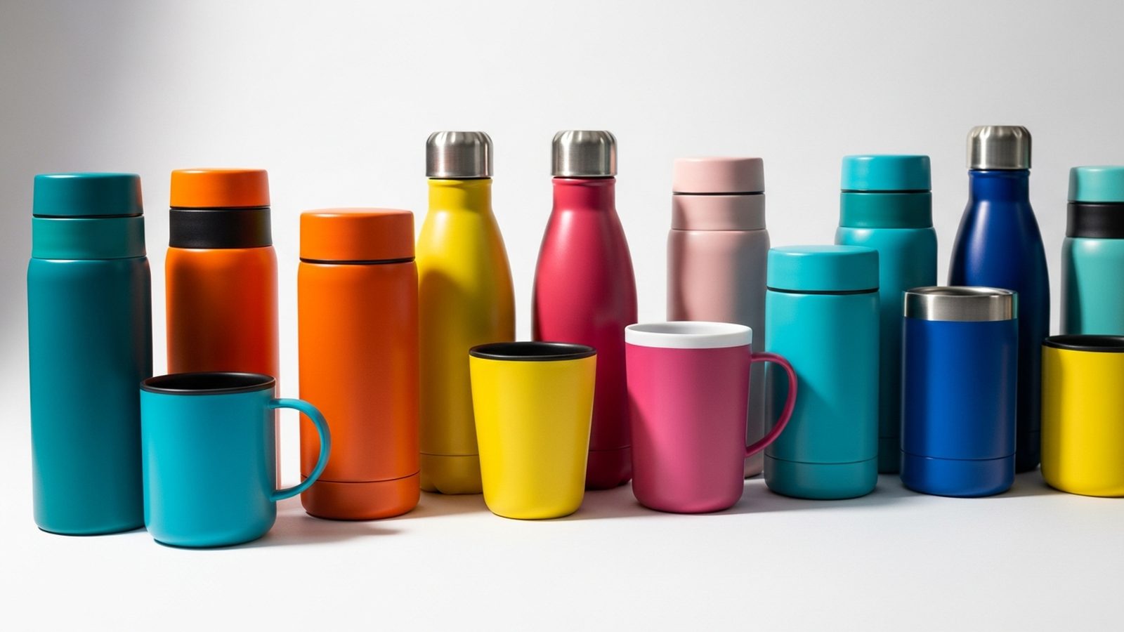 Colección de termos de colores alineados