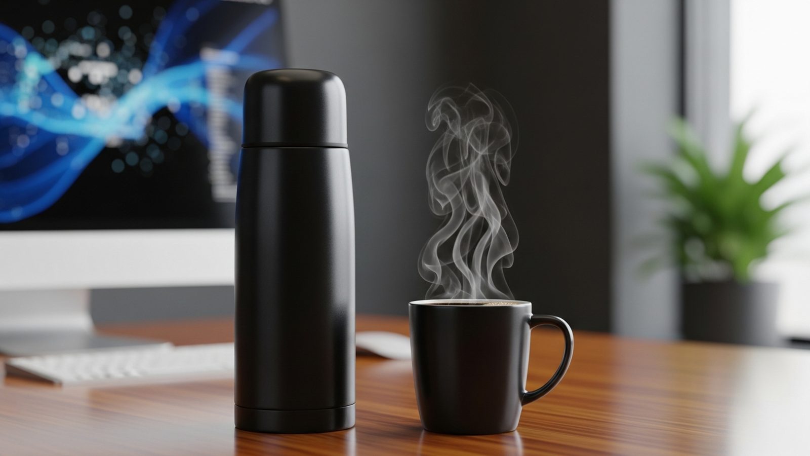 Termo negro con café en escritorio de oficina