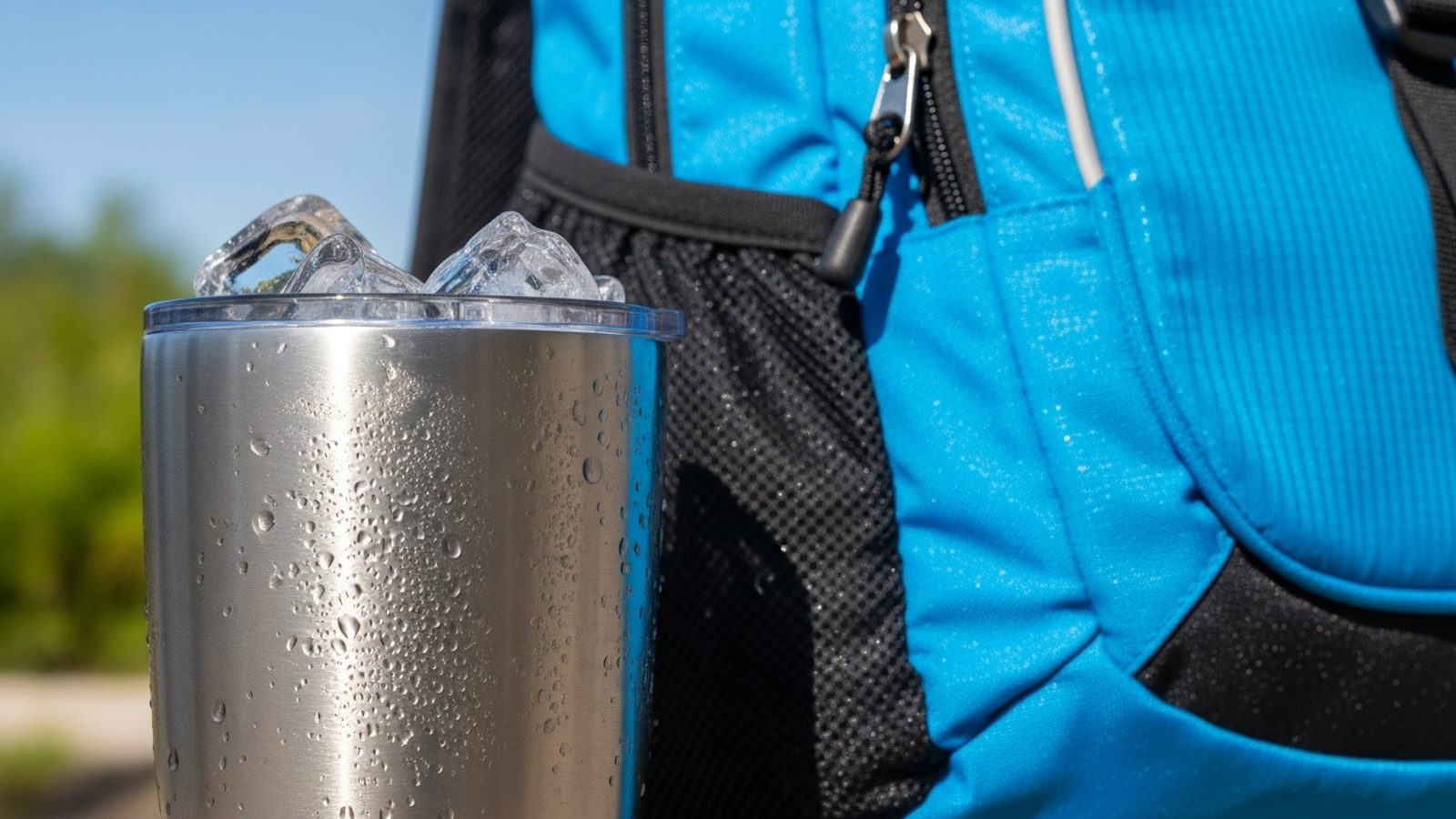Termo con bebida fría junto a mochila deportiva